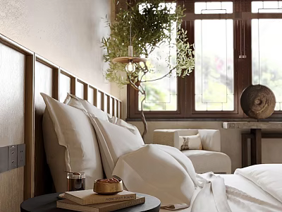 Cozy Double Bed With Plush Pillows Wooden Headboard Side Table And Green Plant 3d model
