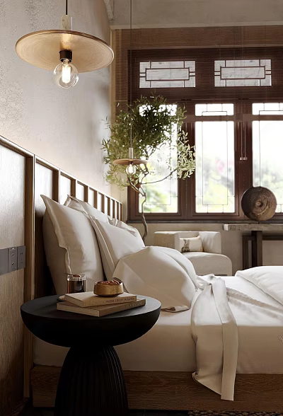 Cozy Double Bed With Plush Pillows Wooden Headboard Side Table And Green Plant 3d model