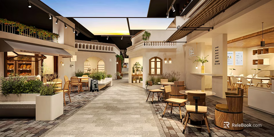 Modern Outdoor Restaurant Courtyard With Archway Wooden Tables Plants And String Lights 3d model 