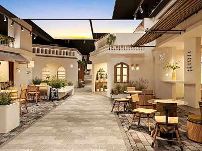 Modern Outdoor Restaurant Courtyard With Archway Wooden Tables Plants And String Lights 3d model