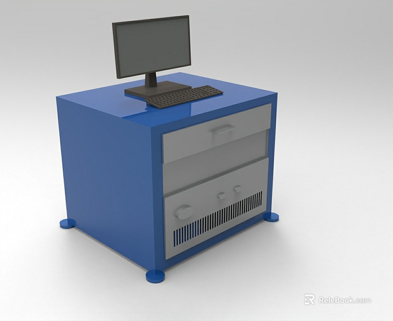 Industrial Equipment Workstation With Blue Cabinet Monitor Keyboard Drawers And Ventilation Panels 3d model 
