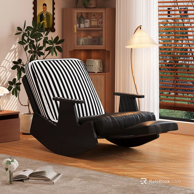 Living Room Interior with Black Rocking Chair Striped Cushion Floor Lamp Bookshelf and Plant 3d model 