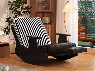 Living Room Interior with Black Rocking Chair Striped Cushion Floor Lamp Bookshelf and Plant 3d model