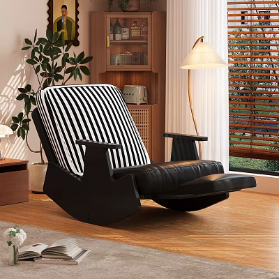 Living Room Interior with Black Rocking Chair Striped Cushion Floor Lamp Bookshelf and Plant 3d model