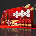 Stylish Tea Break Area With Moutai 1935 Red Gift Box Gold Elements And Mountain Pattern 3d model