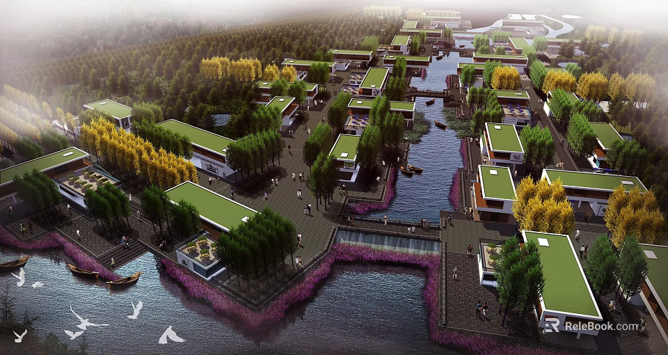 Scenic Commercial Street With Riverside Green Roof Buildings And Natural Landscape Trees 3d model 