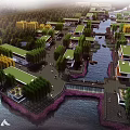 Scenic Commercial Street With Riverside Green Roof Buildings And Natural Landscape Trees