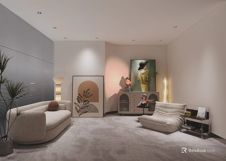 Modern Public Office Space With Cozy Sofa Stylish Armchair Decorative Paintings And Green Plants 3d model 