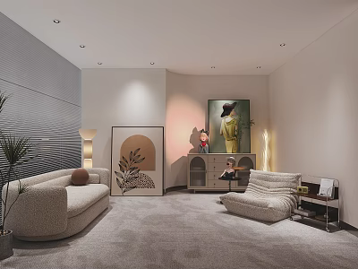 Modern Public Office Space With Cozy Sofa Stylish Armchair Decorative Paintings And Green Plants 3d model