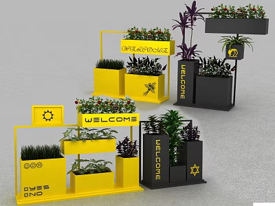 Modern Floral Display with Yellow and Black Flower Stands Green Plants and Welcome Sign 3d model