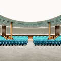 Modern Conference Room Interior Design With Circular Layout Blue Seats And Wooden Columns