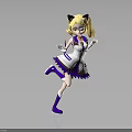 Anime Style Blonde Twin Tail Character With Cat Ears In White Purple Dress Running Pose