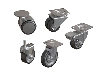 Assorted Metal Caster Wheels Featuring Rubber Tires And Swivel Designs 3d model