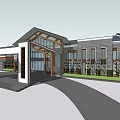 Traditional Cultural Center Building With Courtyard Water Feature Greenery And Traditional Roof
