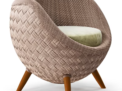 Single Seater Sofa with Woven Texture Light Green Cushion and Wooden Legs Modern Design 3d model