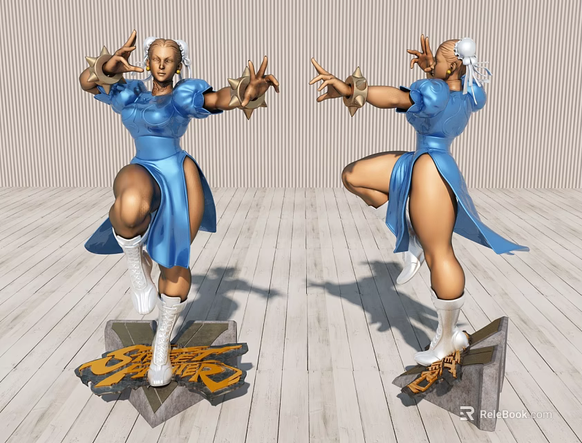 Game Character In Blue Outfit White Hair Golden Wrist Guards Fighting Pose On Base 3d model 