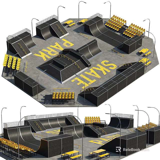 Skate Park Design With Ramps Yellow Seats Fencing And Ground Graphics 3d model 