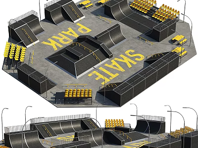 Skate Park Design With Ramps Yellow Seats Fencing And Ground Graphics 3d model