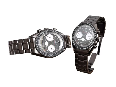 Two Black Chronograph Watches With Metal Bands And White Dial Design On White Background 3d model