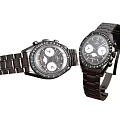 Two Black Chronograph Watches With Metal Bands And White Dial Design On White Background