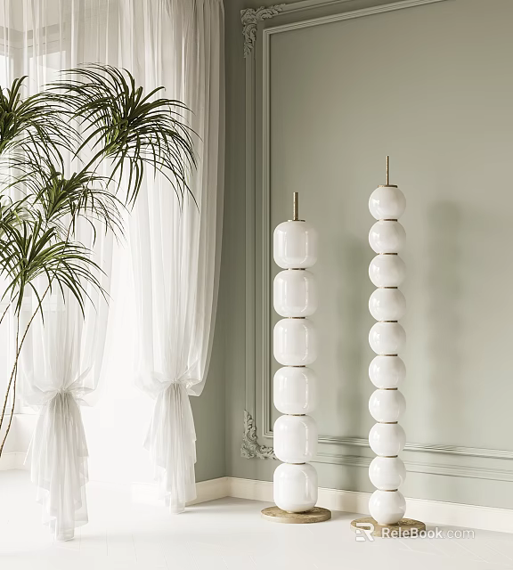 Modern Minimalist White Stacked Spherical Floor Lamp In Living Room With Palm Plant And Curtains 3d model 