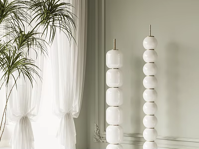 Modern Minimalist White Stacked Spherical Floor Lamp In Living Room With Palm Plant And Curtains 3d model