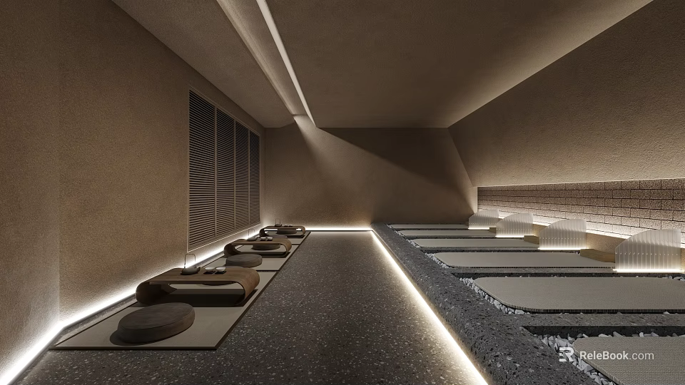 Tranquil SPA Sauna Interior With Relaxation Beds Textured Walls And Ambient Lighting 3d model 