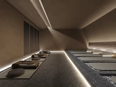 Tranquil SPA Sauna Interior With Relaxation Beds Textured Walls And Ambient Lighting 3d model