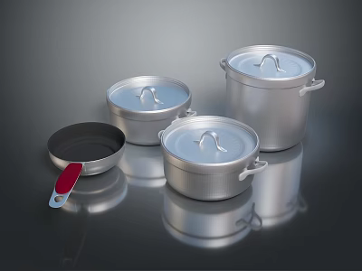 Aluminum Cooking Pots and Frying Pan Set with Lids and Red Handle 3d model