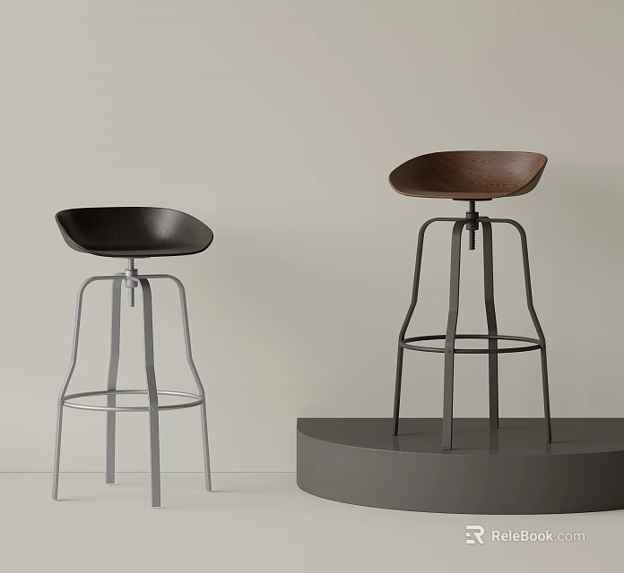 Modern Bar Stools With Black Brown Seats And Metal Frames On Gray Circular Platform 3d model