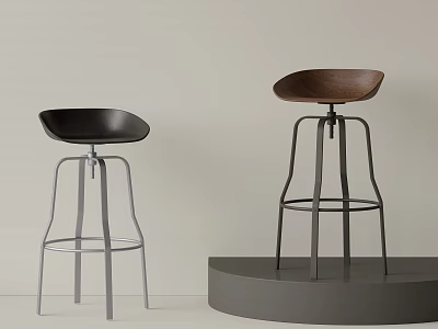 Modern Bar Stools With Black Brown Seats And Metal Frames On Gray Circular Platform 3d model