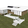 Modern Wooden House With Large Glass Windows And Wooden Structure On Green Lawn