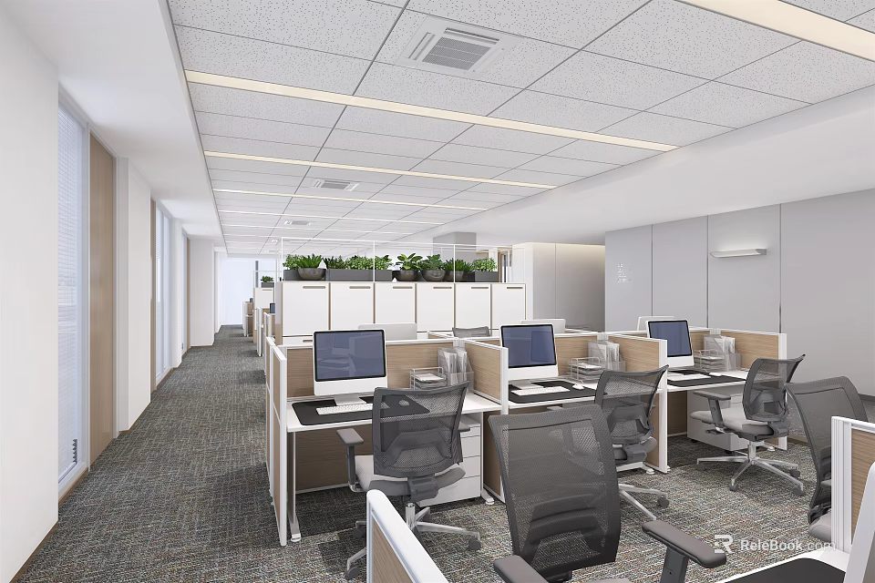 Modern Public Office Area With Open Workstations Computers Dividers Green Plants And Ceiling Lights 3d model