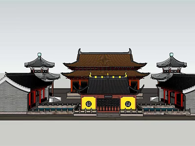 Traditional Ancient Chinese Architecture with Classic Roof Red Pillars and Yellow Walls 3d model