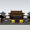 Traditional Ancient Chinese Architecture with Classic Roof Red Pillars and Yellow Walls