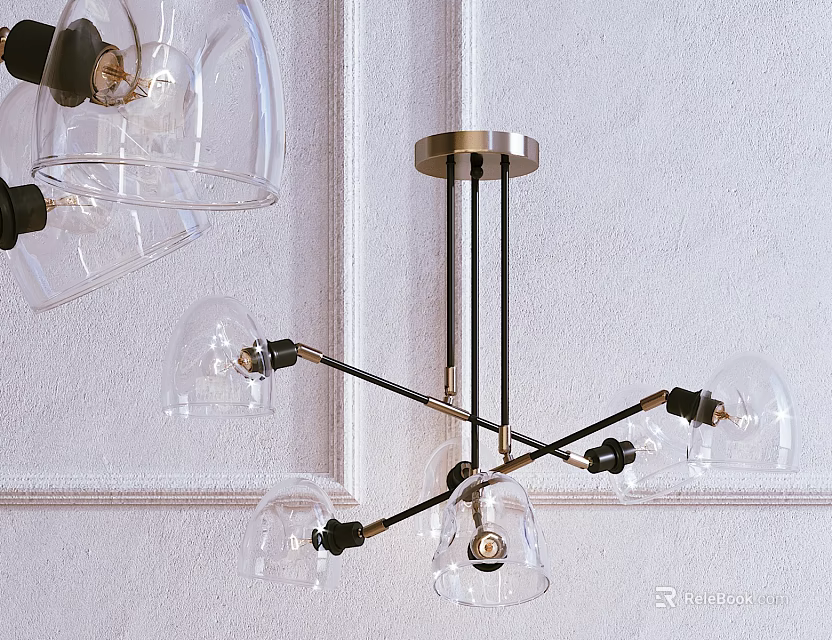 Modern Chandelier With Transparent Glass Shades And Brass Black Metal Arms 3d model 