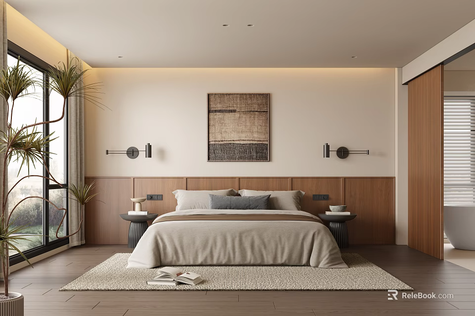 Modern Bedroom With Wooden Bedhead Wall Woven Art Wall Lamps Area Rug And Indoor Plants 3d model 