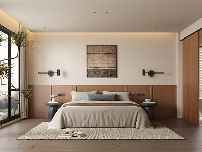Modern Bedroom With Wooden Bedhead Wall Woven Art Wall Lamps Area Rug And Indoor Plants 3d model