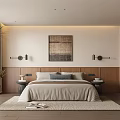 Modern Bedroom With Wooden Bedhead Wall Woven Art Wall Lamps Area Rug And Indoor Plants