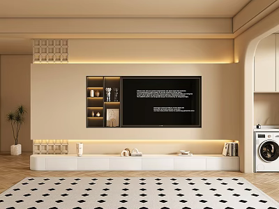 Modern White TV Stand With Flat Screen TV Ambient Lighting And Decor Shelves 3d model