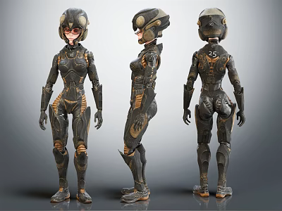 Sci Fi Character Biomechanical Armor Design Front Side And Back Views With Dark Orange Details 3d model