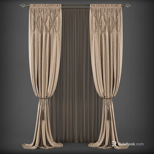 Elegant Beige Velvet Pleated Curtains With Tassel Tiebacks For Home Interior 3d model 