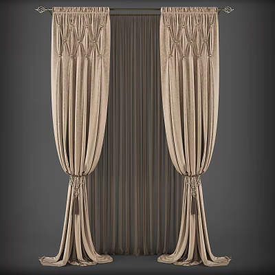 Elegant Beige Velvet Pleated Curtains With Tassel Tiebacks For Home Interior 3d model