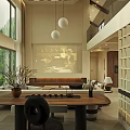 Comfortable Modern High Ceiling Living And Dining Room With Natural Wood Furnishings And Large Windows