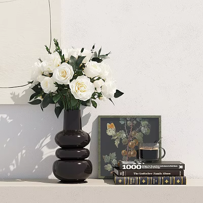 Stacked Black Vase With White Roses For Modern Interior Decoration Near Decorative Painting And Books 3d model