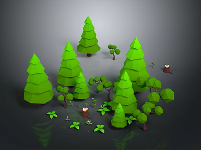 Low Poly Style Landscape Featuring Green Trees Tall Pines Small Plants Small Candles Reflective Ground 3d model