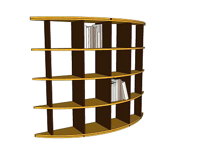 Stylish Modern Yellow Curved Bookshelf with Multi-tiered Shelves and Books 3d model