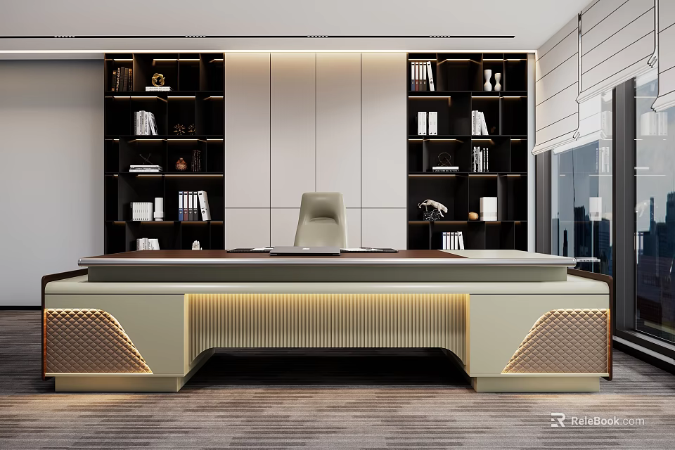 Modern Office Desk Interior Design With Bookshelves Office Chair And LED Lighting 3d model 