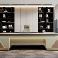 Modern Office Desk Interior Design With Bookshelves Office Chair And LED Lighting