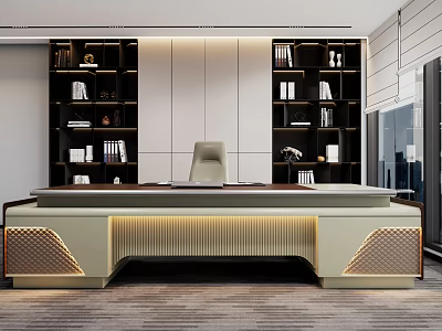 Modern Office Desk Interior Design With Bookshelves Office Chair And LED Lighting 3d model
